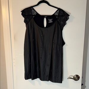 Lane Bryant Black faux leather Lace Sleeve Top with rhinestone embellishment